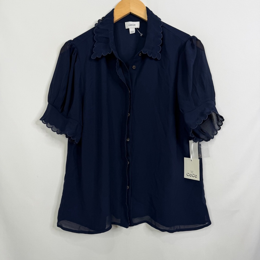 CeCe Mistee Navy Blue Scalloped Puff Sleeve Button Down Blouse NWT Large - Picture 8 of 8